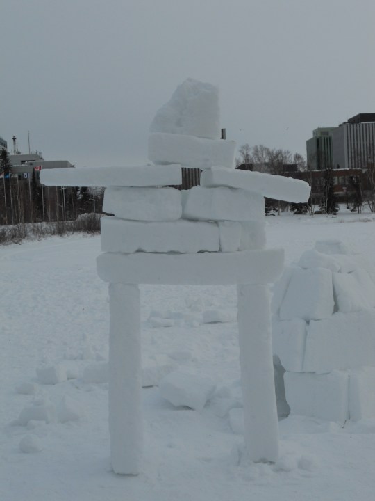 Inukshuk made from blocks of snow