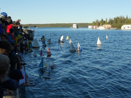 Toy sailboats race in progress